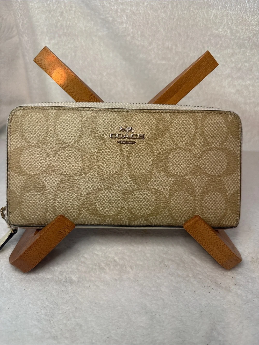 Coach Tan Signature Zip Wallet with Logo Plaque